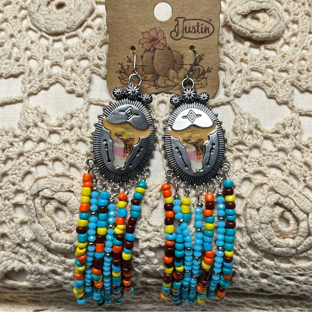 Justin‎ Western Longhorn Skull Beaded Fringe Earrings|Cowgirl Rodeo|NWT